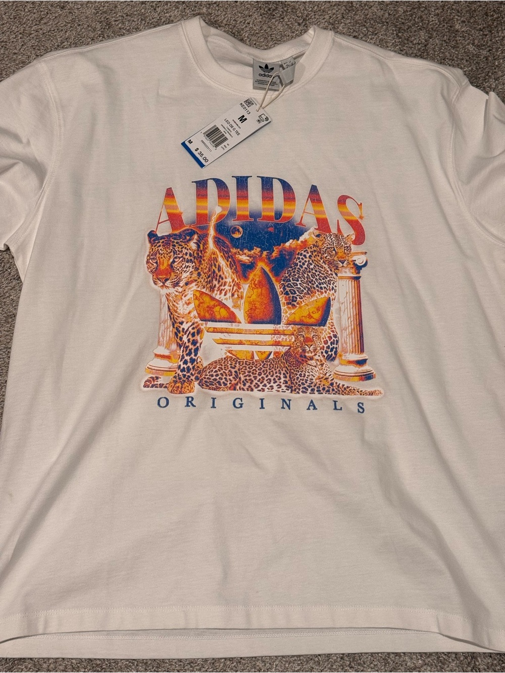 adidas White Tee with Multicolor Leopard & Trefoil Graphic
